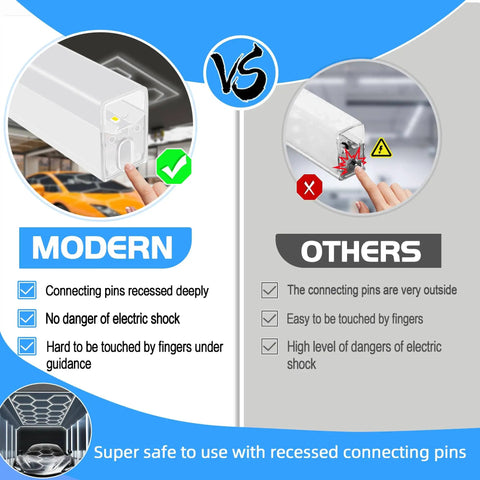 Comparison of modern recessed connecting pins vs others for Hexagon LED Garage Lights 25 Pack Ultra Bright 216W 25920LM Daylight 6500K.