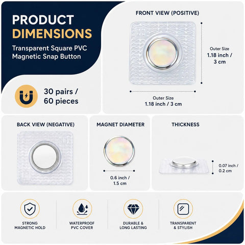Invisible Sew On Magnetic Snap Fasteners With Hidden Pvc Coated Design dimensions chart showing size and thickness details.