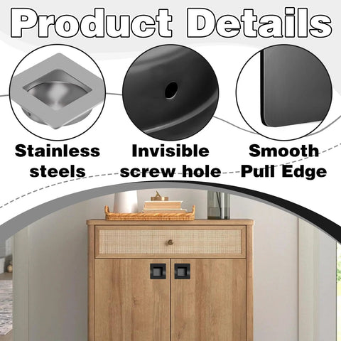 Product details showing stainless steel, invisible screw hole, and smooth pull edge for 4 Pack Black Stainless Steel Flush Door Handles