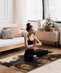 Vintage Tractor Photo Farm Area Rug For Living Room Non Slip Furry Carpet Indoor Cozy Underfoot Machine Washable Rug Entryway Floor Carpet Large Coral Velvet Mat For Bedroom Dining Room displayed in a living room with a woman meditating.