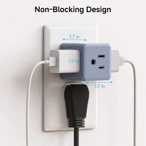 ETL Listed 3 Pack 3 Outlet Wall Adapter Cube Tap grounded plugged into wall with 90 degree design and cables connected