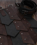Close-up of Medieval Faux Leather Wide Belt With Thigh Armor And Dual Side Skirt Armor For LARP And Cosplay in black