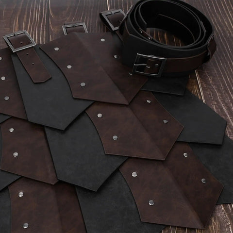 Close-up of Medieval Faux Leather Wide Belt With Thigh Armor And Dual Side Skirt Armor For LARP And Cosplay in black