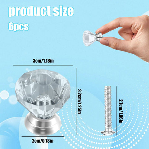 Six Clear Acrylic Diamond Cabinet Knobs Set With Screws, 3cm dia, silver finish, size display, hand holding knob, 6pcs packaging