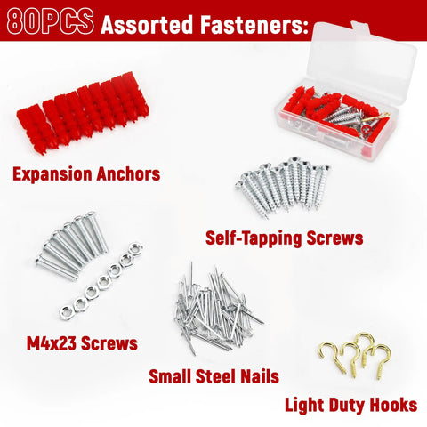 80 piece set of assorted fasteners including expansion anchors, self-tapping screws, M4x23 screws, small steel nails, and light duty hooks.