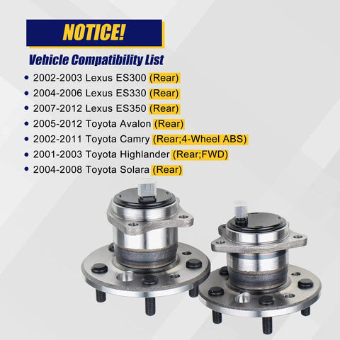 Rear Wheel Bearing And Hub Assembly Replacement For 512206 512207 Compatible With Lexus ES300 ES330 ES350 Avalon Camry Highlander Solara With 5 Lug And ABS Fits 2001 Through 2012 Models, showing two hub assemblies on a chart backdrop.