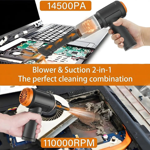 Air Duster And Mini Vacuum Cleaner For Keyboard Cleaning Cordless Canned Air Blower Portable PC Dust Eraser 110000 RPM Powerhouse 3 In 1 Multifunction Gadget For Laptops Desktops And Travel, showing 2-in-1 blower and vacuum in use.
