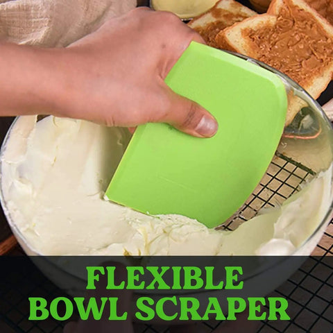 Green flexible bowl scraper in use, part of 3-Piece Flexible Dough Scraper Bench Set, 4.7x3.7 Inch Bowl Scraper With Sharp Edge And Angles