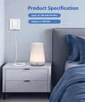 Bedroom setup showing 5V Replacement Power Adapter for Rest Series Sleep Machines, night light on bedside table, connected to outlet.