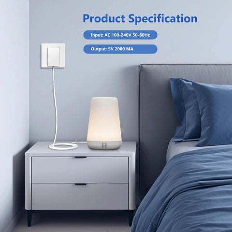 Bedroom setup showing 5V Replacement Power Adapter for Rest Series Sleep Machines, night light on bedside table, connected to outlet.