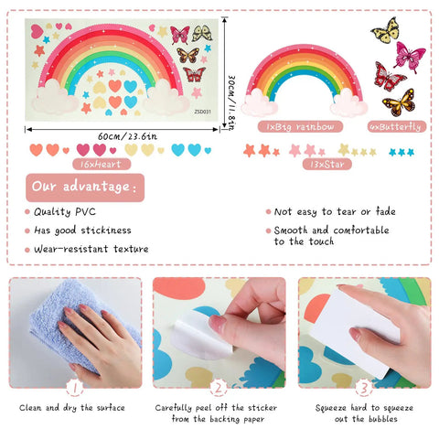 Glow In The Dark Large Rainbow Wall Decals With Stars Hearts And Butterflies Removable Watercolor Vinyl Sticker instructions