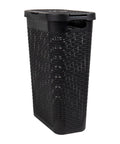 Slim 40L Laundry Hamper With Lid For Tight Spaces Narrow Tapered Design With Ventilated Cutout Pattern For Airflow Durable Plastic Black Laundry Bin Easy Load Top Opening Space Saver Organizer
