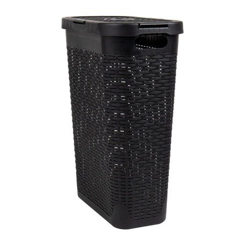 Slim 40L Laundry Hamper With Lid For Tight Spaces Narrow Tapered Design With Ventilated Cutout Pattern For Airflow Durable Plastic Black Laundry Bin Easy Load Top Opening Space Saver Organizer
