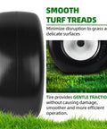 2-Pack 13x6.50-6 Flat Free Tire And Wheel For Riding Lawn Mowers showing smooth turf treads on solid rubber tire.