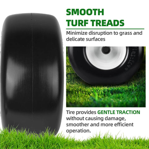 2-Pack 13x6.50-6 Flat Free Tire And Wheel For Riding Lawn Mowers showing smooth turf treads on solid rubber tire.
