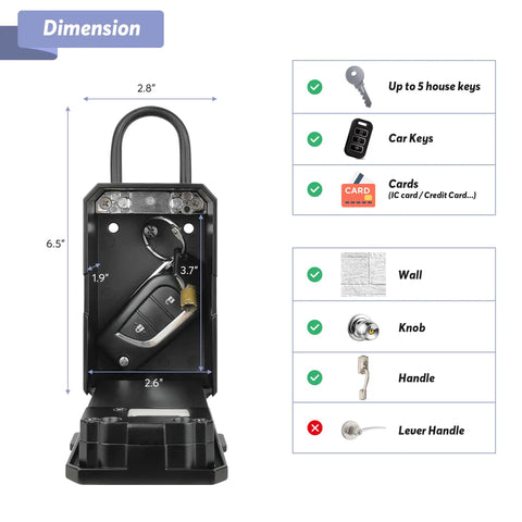 Wireless Key Lock Box With App Access And Bluetooth shown open with dimensions and storage for keys and cards.