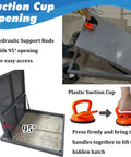 Suction Cup opening of concealed tile access panel, showing hydraulic support rods and plastic suction cup for easy access.
