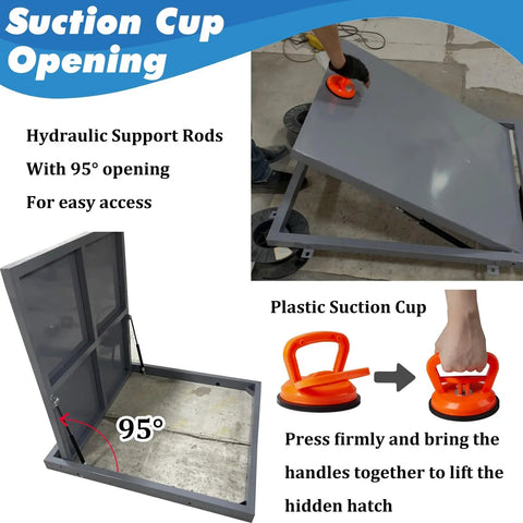 Suction Cup opening of concealed tile access panel, showing hydraulic support rods and plastic suction cup for easy access.