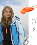 Woman outdoors with orange 2X Survival Whistles With Lanyards And 2X Reflective Signal Mirrors for camping and hiking