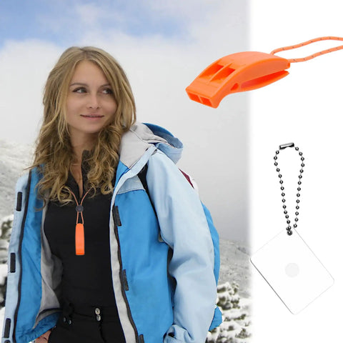 Woman outdoors with orange 2X Survival Whistles With Lanyards And 2X Reflective Signal Mirrors for camping and hiking