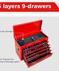 24 Inch Portable Metal Tool Box With Nine Ball Bearing Drawers And Slick Eva Linings For Sorted Gear Stash A Grab And Go Shop Ready Red Heavy Duty Workhorse For Garage Builds opened showing tools in layers.