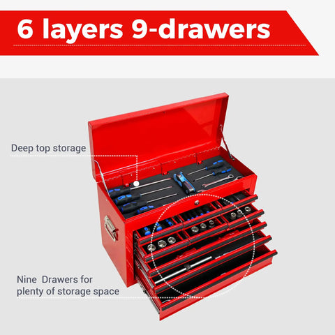 24 Inch Portable Metal Tool Box With Nine Ball Bearing Drawers And Slick Eva Linings For Sorted Gear Stash A Grab And Go Shop Ready Red Heavy Duty Workhorse For Garage Builds opened showing tools in layers.