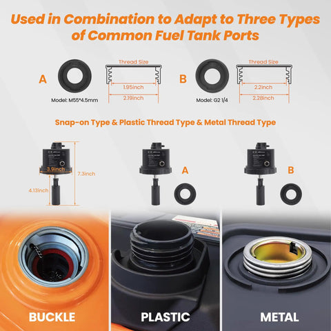 Different adapter types for 12V DC Gasoline Fuel Pump With Auto Sensor For Generators, including buckle, plastic, and metal compatibility.