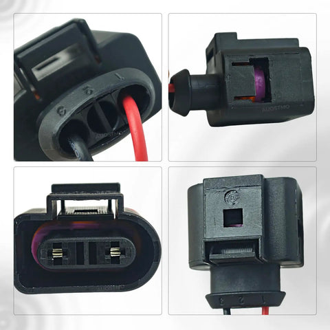 Beefed Up Premium Coolant Level Sensor Connector Pigtail For VW And Audi Vehicles Fits Jetta Golf GTI Passat Tiguan Beetle EOS Atlas Arteon Taos Touareg CC Rabbit A3 A4 A5 A6 A7 A8 Q5 S4 S5 S6 TT Replacement 1K0973202A, 2-pin connector close-up