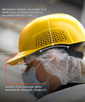 Side view of yellow Vented Hard Shell Bump Cap With Suspension for lightweight head protection in construction and warehouse settings.
