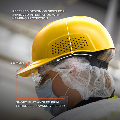 Side view of yellow Vented Hard Shell Bump Cap With Suspension for lightweight head protection in construction and warehouse settings.