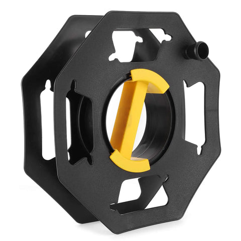 Black and yellow cable tidy reel for 25m cables, ABS plastic, ideal for camping electric hook up and cord organization in RVs or boats.