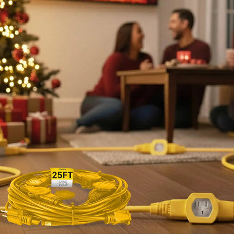 25 ft yellow extension cord with multiple outlets on floor, Christmas tree and gifts in background, couple sitting by table