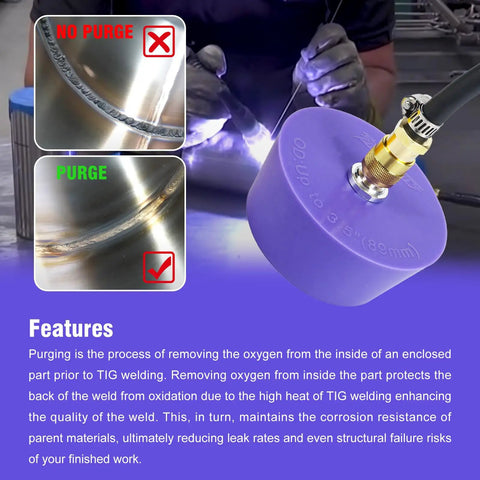 Silicone Purge Plugs Kit For Pipe Welding 0.9 To 4.0 Inch Back Purging Set, purple plug with welding demonstration.
