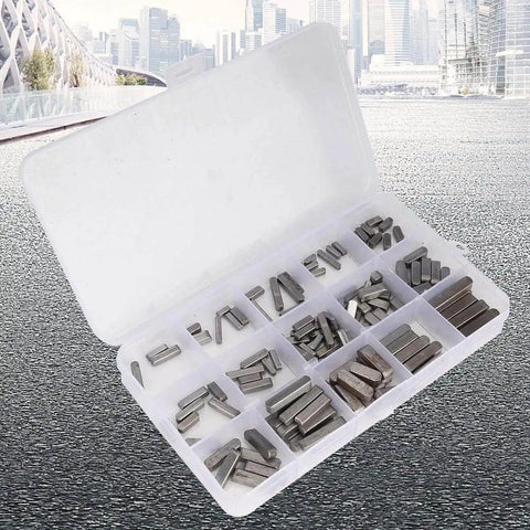 Woodruff Key Set 140 Piece Pro Grade Stainless Steel Keyway Assortment For Shaft Fastening 12mm 16mm 20mm 25mm displayed in case