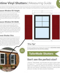 Lifetime Vinyl Shutters measuring guide with window installation and size recommendations shown.