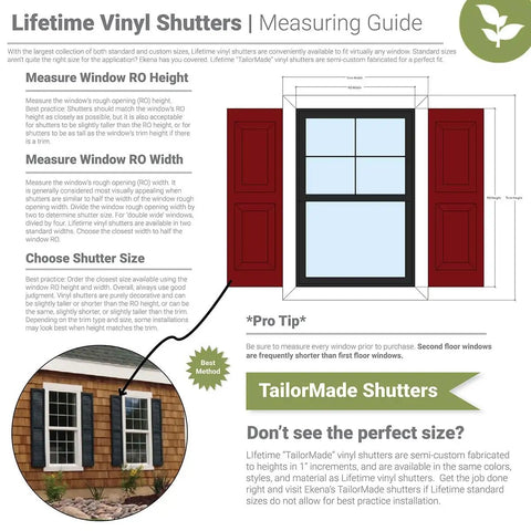 Lifetime Vinyl Shutters measuring guide with window installation and size recommendations shown.