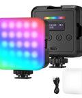 Magnetic RGB Camera Light For Video And Photography, 61 LED Full Color on and off views, USB cable, and diffuser.