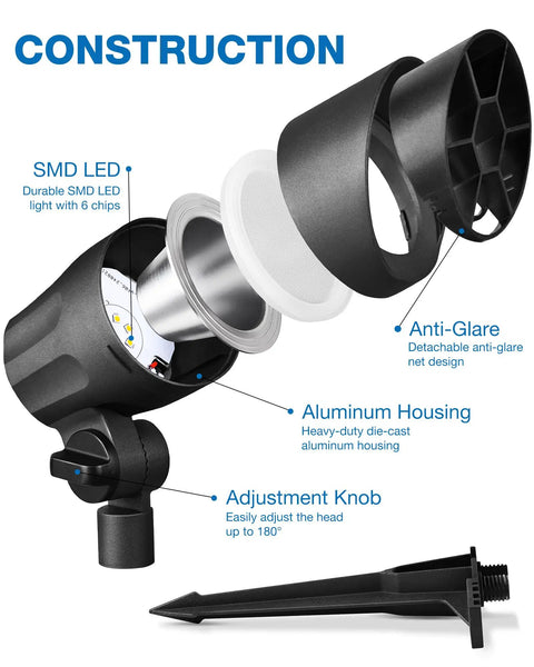 Detailed view of 12 Pack Low Voltage Landscape Lights Kit 6W LED Warm White 3000K Outdoor Garden Spotlights with aluminum housing