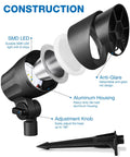 Low Voltage Landscape Lighting Kit 12 to 24V Outdoor LED Lights in Aluminum Lit 3000K Warm White spotlight construction details