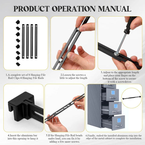 Step-by-step assembly guide for Badass Heavy Duty Adjustable File Cabinet Drawer Rails Set Contains Twelve Solid Metal Slides for Slick Storage Setup.