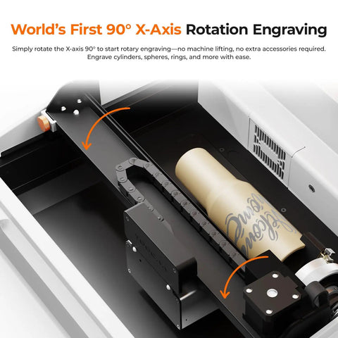 NOVA 20W AI Smart Laser Engraver with HD Camera Positioning, showing 90° X-axis rotation for cylinder engraving