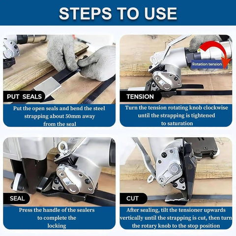 Steps to use Pro Grade Pneumatic Steel Strapping Machine With Split Tensioner Sealer 19Mm for effective banding.