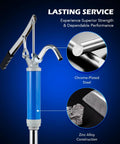 Front view: lever-action barrel pump with blue housing and chrome-plated steel head for transferring oils from 15–55 gallon drums.