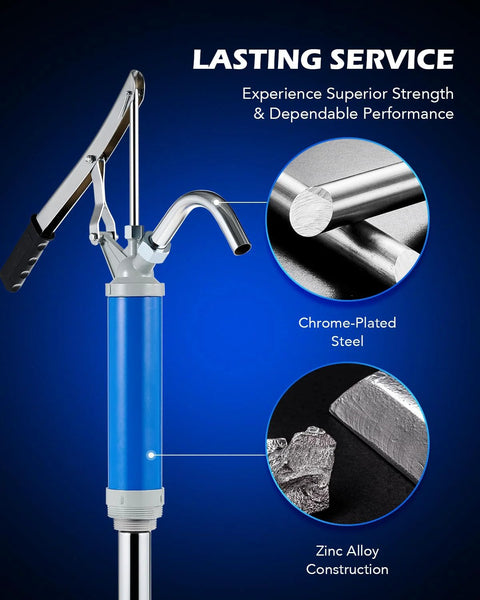 Front view: lever-action barrel pump with blue housing and chrome-plated steel head for transferring oils from 15–55 gallon drums.