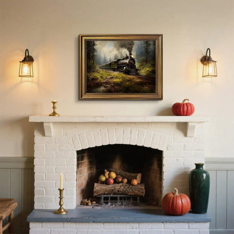 Gold Framed Vintage Steam Train Poster Canvas Print Wall Art for Living Room above Fireplace with Rustic Decor 24x36 Inches