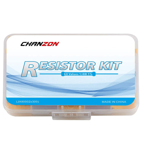 Chanzon resistor kit case, front view; clear plastic box with blue RESISTOR KIT label and 60 Values 1/4W 1%