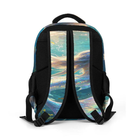 Back view of Iridescent Mermaid Print Backpack for Adults and Teens, Unisex, with adjustable straps and breathable fabric.