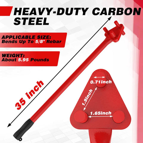 Heavy Duty Manual Rebar Bender For 5/8" Steel Bars showing 35-inch heavy-duty carbon steel construction with precise measurements.
