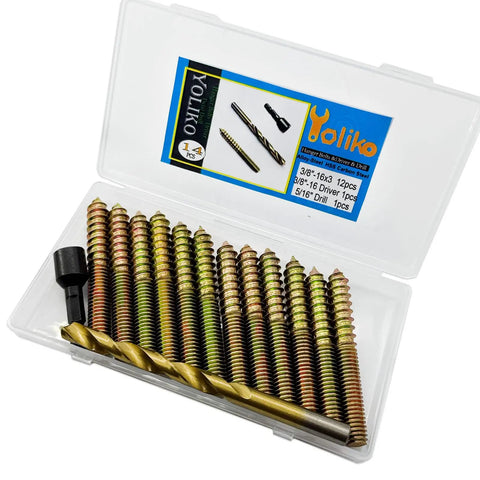 Heavy Duty Hanger Bolts Kit With Alloy Driver And HSS Twist Drill Included, 12 Pack Self Tapping Wood Fasteners, open case view
