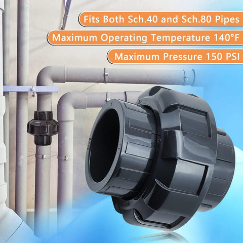 Two Pack One And One Half Inch Slip Union Coupling Adapters Schedule 80 With EPDM O Ring Socket To Socket Grey in plumbing setup